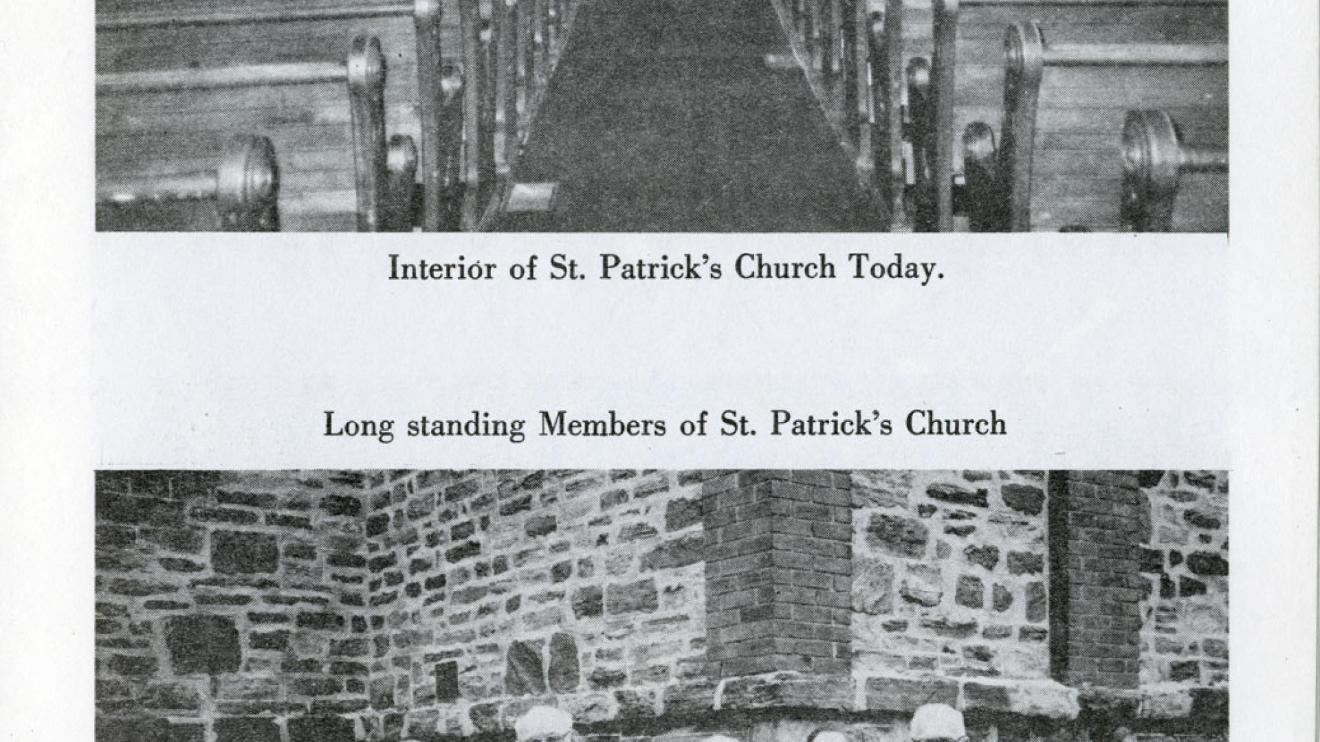 Two images separate by text description. The top image is a monochrome interior of St. Patrick's Roman Church. The bottom has a group of people posing outside of the church.