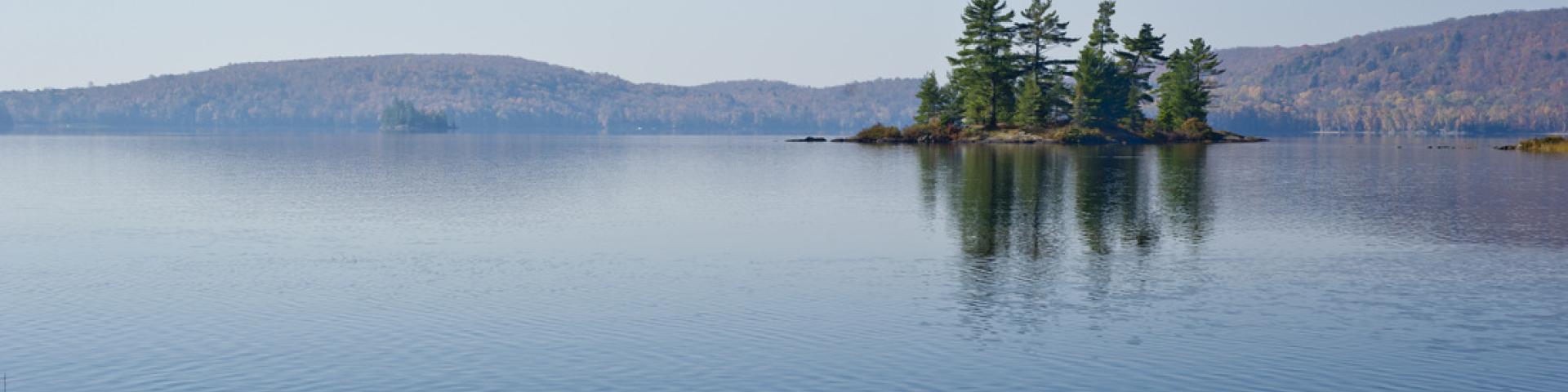 Panorama of lakeside view. Off in the distance, there is a heavily wooded area surrounding the lake.