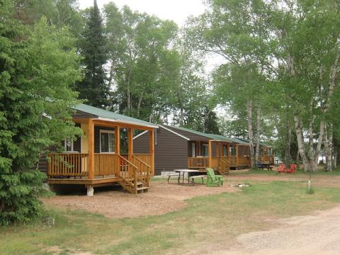 Wooden cabins surrounded by trees. The cabins have natural wood finish coloured front decks.