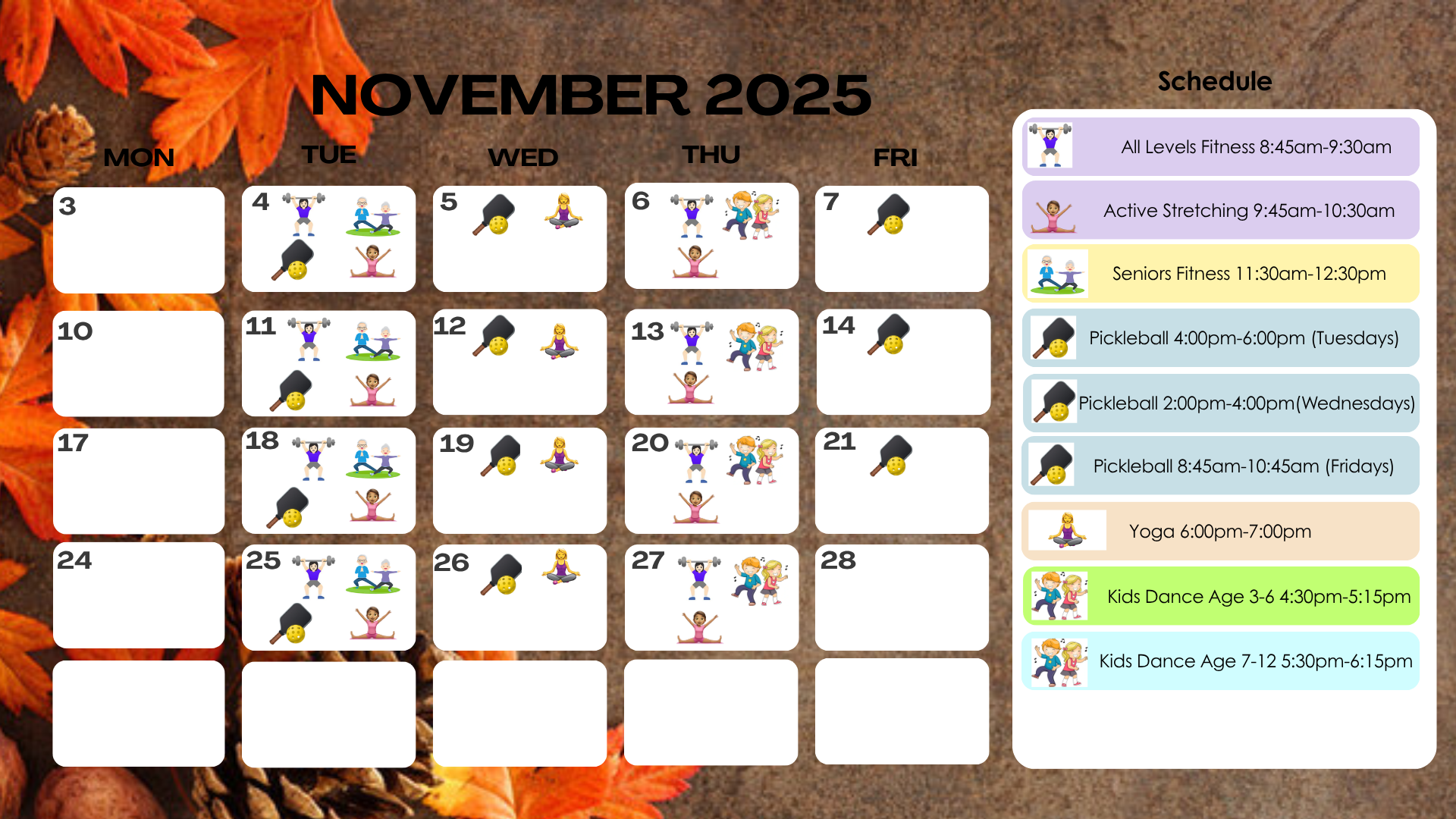 november calendar which is describing recreation events during that month