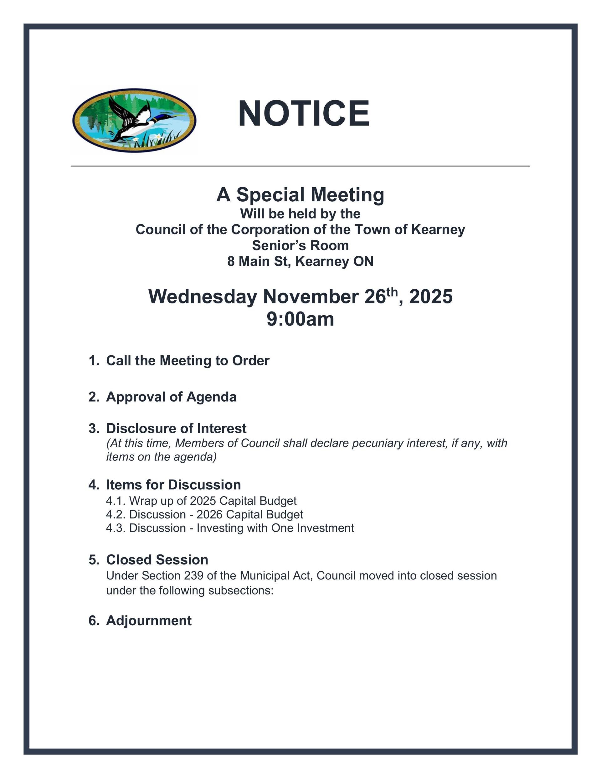 special council meeting november 26 at 9am 