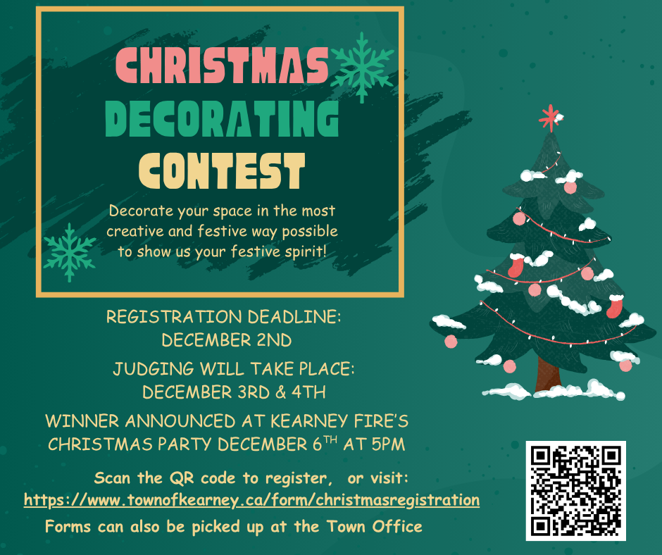Do you think your decorations are the merriest and brightest? Prove it! Enter our Christmas Decorating Contest and show off your twinkling lights, magical inflatables, or cozy winter charm. We want to see it all!  🗓 Deadline to enter: December 2nd ⛄Judging: December 3rd & 4th ❄ Cash prizes available for 1st, 2nd and 3rd place! Register here: https://www.townofkearney.ca/form/christmasregistration