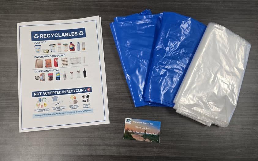 This kit provides short-term renters with all the essentials for managing their garbage and recycling for a week.  Initially, these kits will be distributed at the municipal office during business hours for $2.  These kits include: - 1 clear plastic bag for household garbage - 1 blue plastic bag for recyclable containers - 1 blue plastic bag for recycling fibres/papers - 1 time use transfer station pass (valid for 1 bag of garbage) - quick reference guide that includes information such as the recycling info